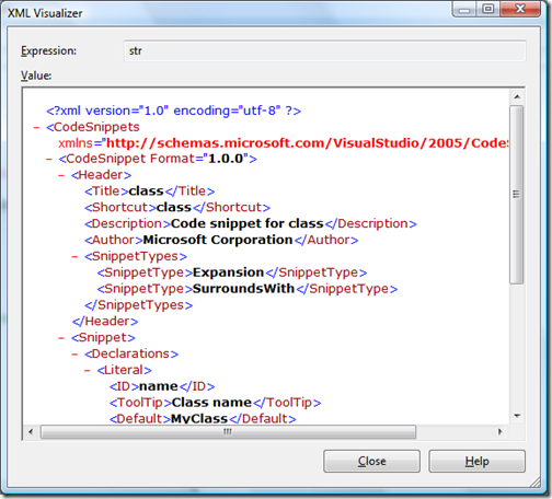 code snippet file shown in XML Visualizer