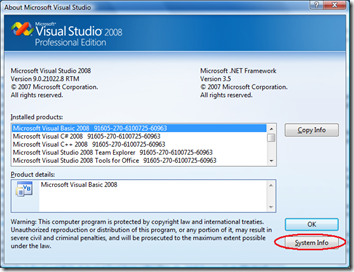 Visual Studio Help About window