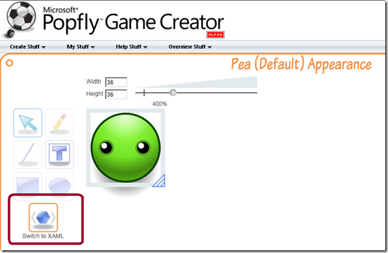 XAML editor in Popfly Game Creator