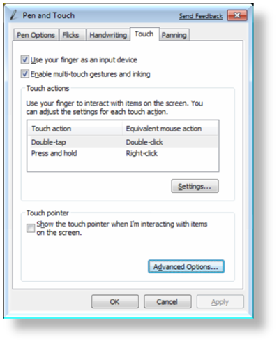 Touch section of Windows 7 Control Panel