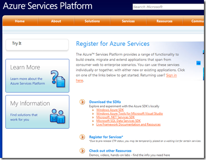 Azure Services Platform Register page