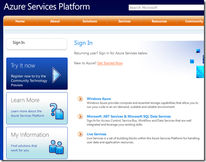 Azure Services Platform Sign In page