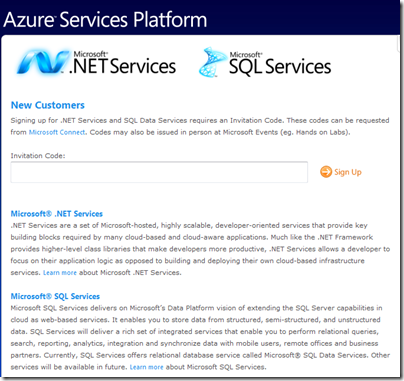 Azure Services Platform web page