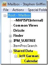 Sgriffin's mailbox as seen in MFCMAPI, showing the Shared Data folder with Jeff's Calendar