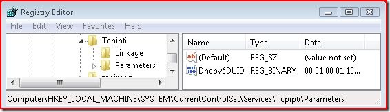 Regedit: HKLM\SYSTEM\CurrentControlSet\Services\Tcpip6 does not have a DisabledComponents value set