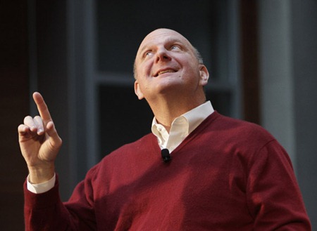 Microsoft CEO, Steve Ballmer, speaking in the Microsoft Atrium of the Paul G. Allen Center for Computer Science & Engineering. He shared with students how cloud computing will change the way people and businesses use technology. March 4, 2010. Robert Sorbo/Microsoft/Handout