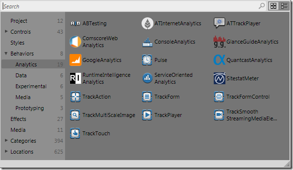 The Expression Blend Asset pane showing the analytics behaviors