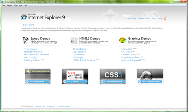 测试驱动的IE9——IE9平台预览版主页的图像