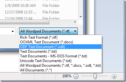 WordPad in Windows 7 allows you to save in ODF or OOXML formats.
