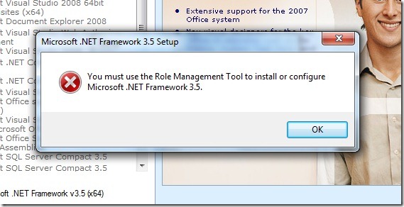 You must use the Role Management Tool to install or configure Microsoft .NET Framework 3.5.