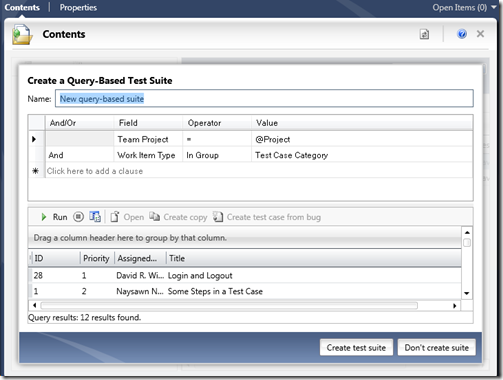 Creating a query-based suite, specifying a name, changing the query, and running the preview