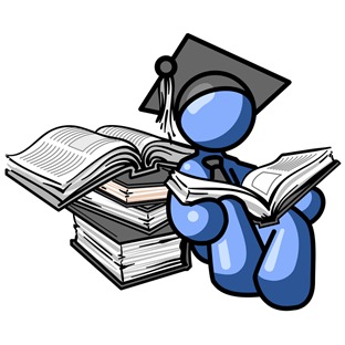 Blue Male Student in a Graduation Cap, Reading a Book and Leaning Against a Stack of Books Clipart Illustration