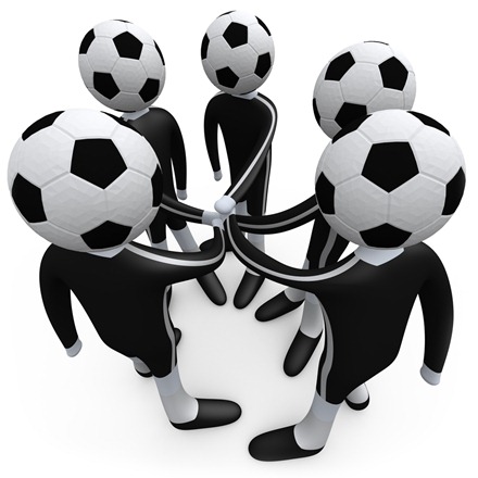 Team Of Soccer Players With A Soccer Ball Heads Putting Their Hands Together During A Huddle Clipart Illustration Image