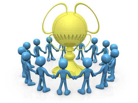 Winning Team Of Blue Figures Holding Hands And Standing In A Circle Around Their Golden Championship Trophy Clipart Illustration Image