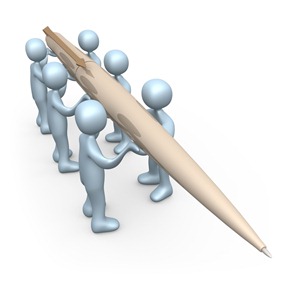 Group Of People Working Together To Hold A Giant Pen To Compose A Newsletter Or Article Clipart Illustration Image