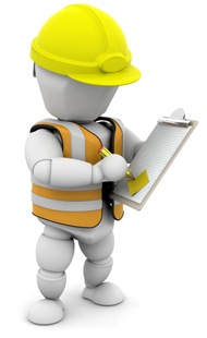 Clipart Illustration of a White Character In A Hardhat And Vest, Taking Notes On A Clipboard In A Construction Zone