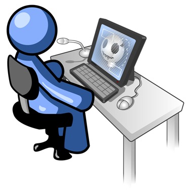 Blue Doctor Man Sitting at a Computer and Viewing an Xray of a Head Clipart Illustration