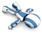 Blue And White Robot Robot Lying Face Down On The Floor, Symbolizing Giving Up, Low Batteries, Exhaustion Or Failure Clipart Illustration