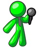 Lime Green Man, A Comedian Or Vocalist, Wearing A Tie, Standing On Stage And Holding A Microphone While Singing Karaoke Or Telling Jokes Clipart Illustration