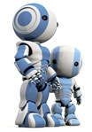 Blue And White Robot Holding Hands And Standing With His Son Clipart Illustration