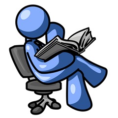 Blue Man Sitting Cross Legged in a Chair and Reading a Book Clipart Illustration