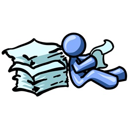 Blue Man Leaning Against a Stack of Papers Clipart Illustration