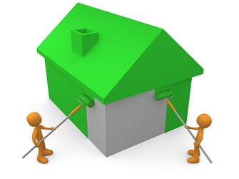 Two Orange People Using Roller Brushes To Paint A Home Green, Symbolizing Upgrading A Home To Be More Energy Efficient Clipart Illustration Image