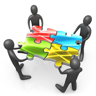 Team Of Four Black People Holding Up Connected Pieces To A Colorful Puzzle, Symbolizing Excellent Teamwork, Success And Link Exchanging Clipart Illustration Graphic