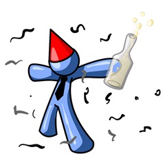 Happy Blue Man Partying With a Party Hat, Confetti and a Bottle of Liquor Clipart Illustration