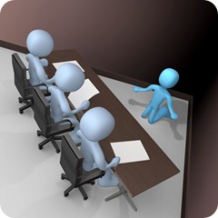 Nervous And Scared Blue Person Kneeling And Begging While Being Reviewed Or Intereviewed By A Panel Of Judges Or Bosses Clipart Illustration Image
