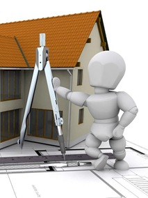 Clipart Illustration of a White Character Resting Against A Compass By A House With An Energy Rating Graph On Blueprints With Rulers And A Pen