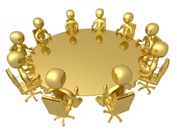 Group Of Gold People Seated And Holding A Meeting At A Round Golden Conference Table Clipart Illustration Image