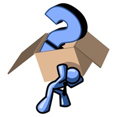 Blue Man Carrying a Heavy Question Mark in a Box Clipart Illustration