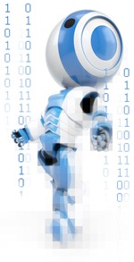Clipart Illustration of a Blue AO-Maru Robot Distorted With Pixels, Leaning Back And Looking Upwards With Strands Of Binary Coding
