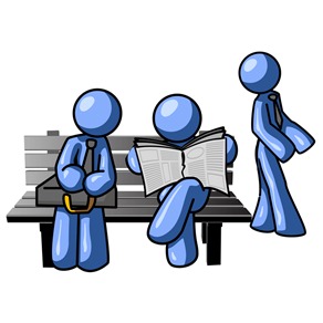 Blue Men at a Bench at a Bus Stop Clipart Illustration
