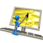 Blue Person Using A Paintbrush On A Flat Screen Computer Monitor To Create An Image, Or This Could Be A Designer Designing A Website Clipart Illustration Graphic
