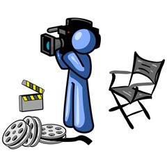 Blue Man Filming a Movie Scene With a Video Camera in a Studio Clipart Illustration