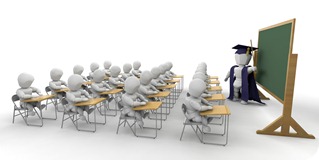 Clipart Illustration of a Full Classroom Of Students Sitting In Their School Desks And Listening To Their Professor As He Stands At A Chalkboard