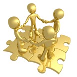 Four Gold People Holding Hands While Standing On Connected Blue Puzzle Pieces, Symbolizing Teamwork, And Interlinking For Seo Website Marketing Clipart Illustration Graphic