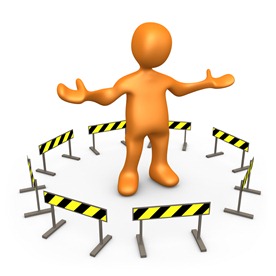 Orange Person Stuck In The Middle Of A Circle Of Caution Signs Clipart Illustration Image
