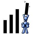 a Blue Man on Another Man's Shoulders, Holding up a Bar in a Graph Clipart Illustration
