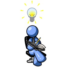 Smart Blue Man Seated With His Legs Crossed, Brainstorming and Writing Ideas Down in a Notebook, Lightbulb Over His Head Clipart Illustration