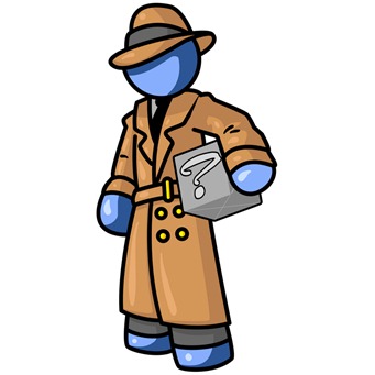 Secretive Blue Man in a Trench Coat and Hat, Carrying a Box With a Question Mark on it Clipart Illustration