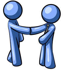 Clipart Illustration of a Blue Man Wearing A Tie, Shaking Hands With Another Upon Agreement Of A Business Deal
