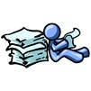 Blue Man Leaning Against a Stack of Papers Clipart Illustration