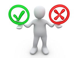Clipart Illustration of a White Person Holding His Arms Out With A Green Check Mark And A Red X In His Hands, Symbolizing Approval And Denial