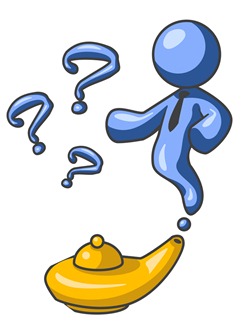 Blue Genie Man Emerging From a Golden Lamp With Question Marks Clipart Illustration