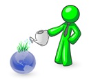 Lime Green Man Using A Watering Can To Water New Grass Growing On Planet Earth, Symbolizing Someone Caring For The Environment Clipart Illustration