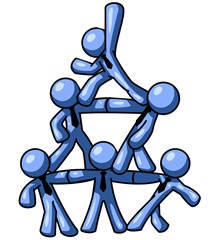 Group of Blue Businessmen Piling up to Form a Pyramid Clipart Illustration