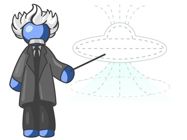 Blue Einstein Man Pointing a Stick at a Presentation of a Flying Saucer Clipart Illustration